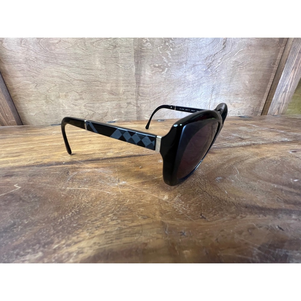 Burberry B 4164 3001/11 Black Cat Eye Sunglasses Check Temple Made in Italy 55mm